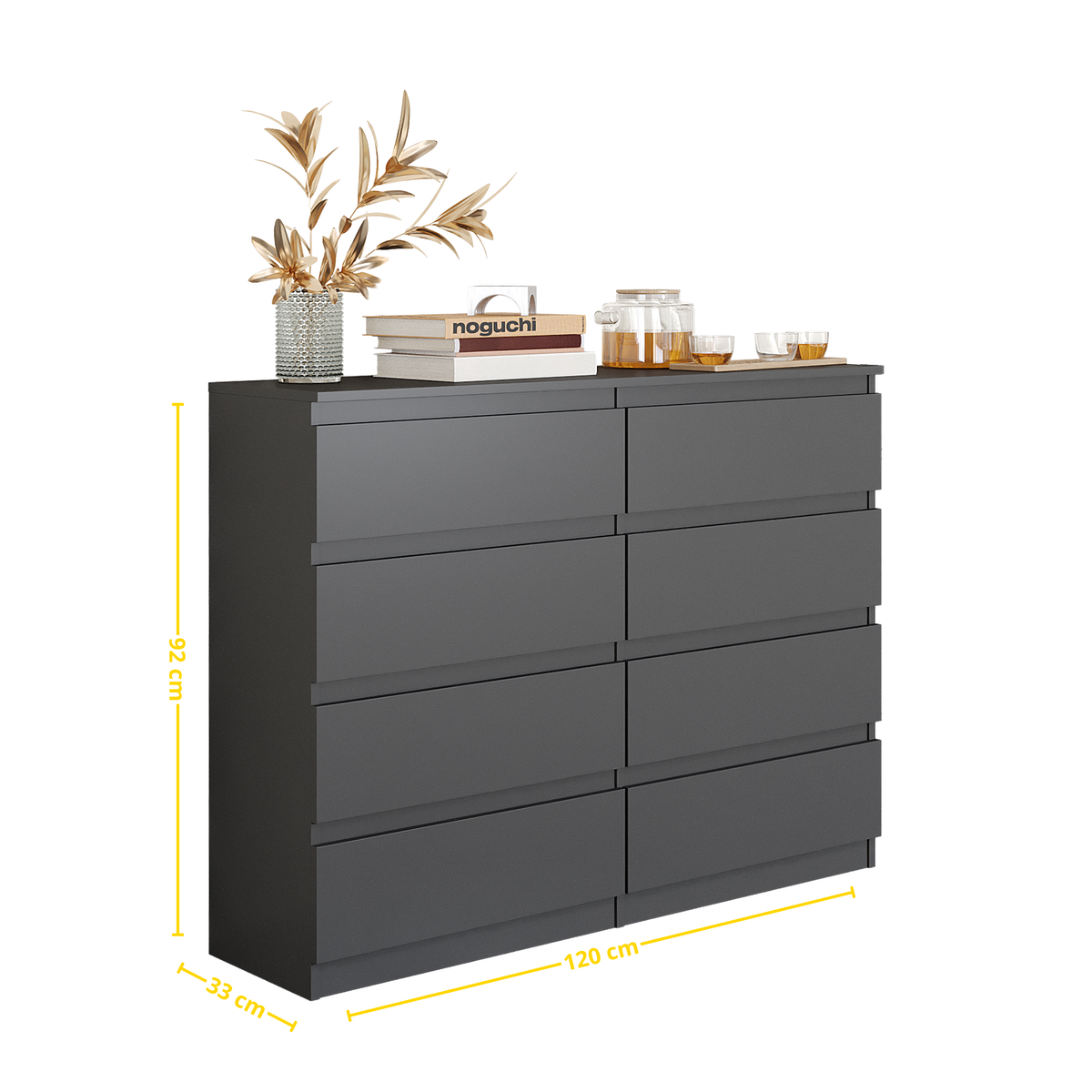 DIRK Ladekast 120 x 92 x 33 cm – Dressoir met 8 Lades, Antracietgrijs, MFC Opbergkast