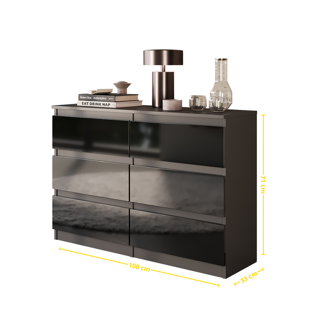 VINCENT Dressoir / Sideboard met 6 Laden – Antraciet / Zwart Hoogglans, MFC, H71 × B100 × D33 cm