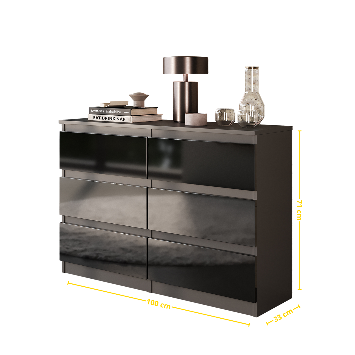 VINCENT Dressoir / Sideboard met 6 Laden – Antraciet / Zwart Hoogglans, MFC, H71 × B100 × D33 cm