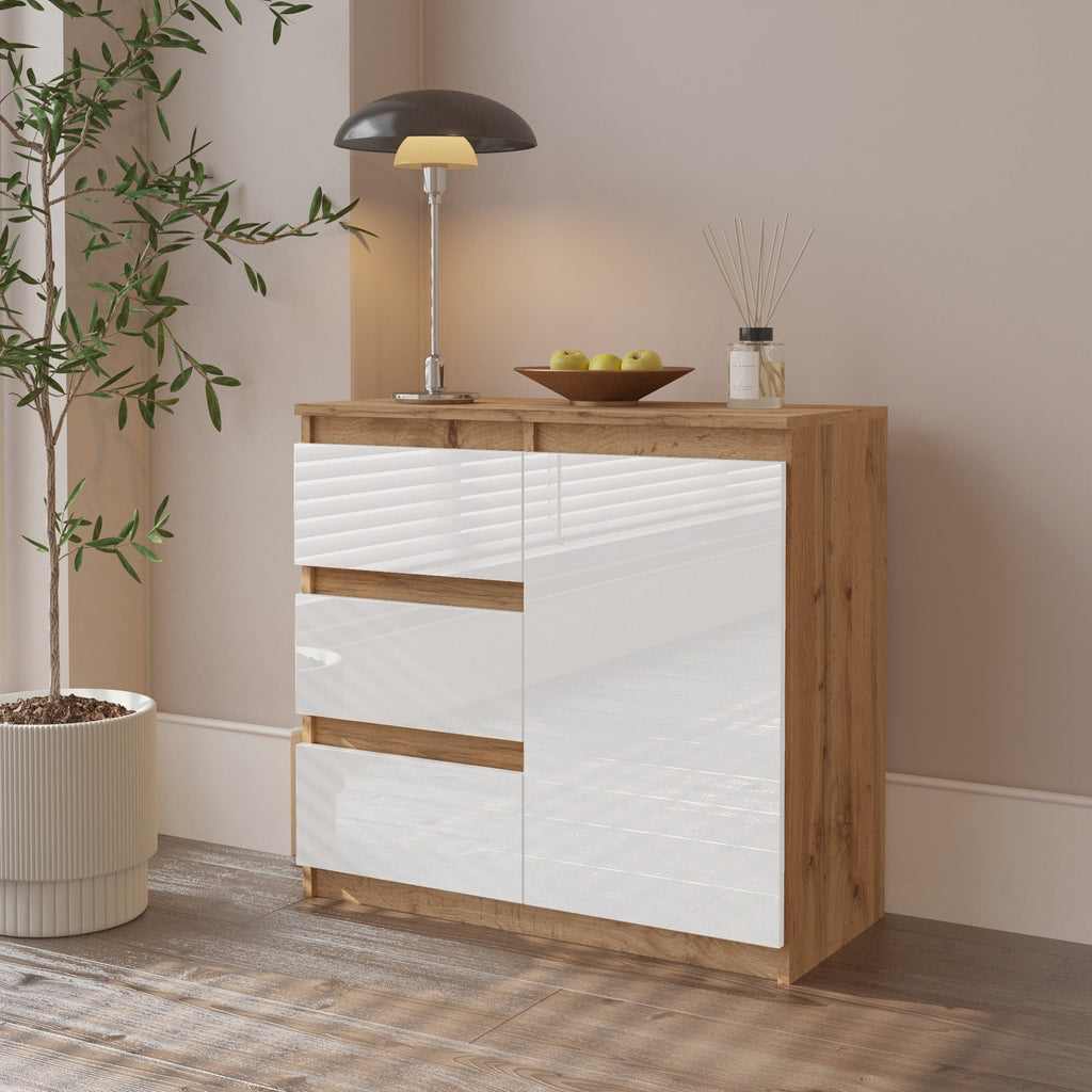 CONRAD Dressoir 80 x 75 x 35 cm – Sideboard met 1 Deur & 3 Laden, Wotan Eiken & Hoogglans Wit, Opbergkast