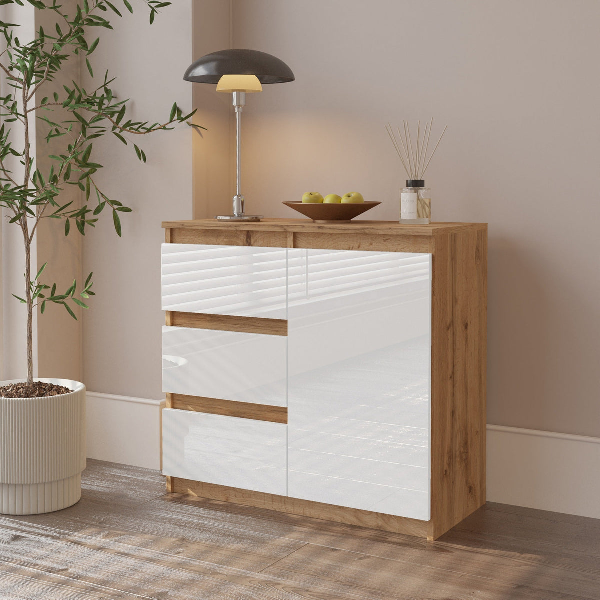 CONRAD Dressoir 80 x 75 x 35 cm – Sideboard met 1 Deur & 3 Laden, Wotan Eiken & Hoogglans Wit, Opbergkast