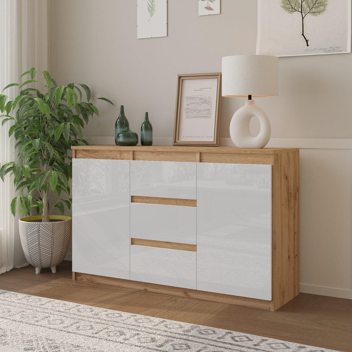 CONRAD Dressoir 120 x 75 x 35 cm – Sideboard met 2 Deuren & 3 Laden, Wotan Eiken & Hoogglans Wit, Opbergkast