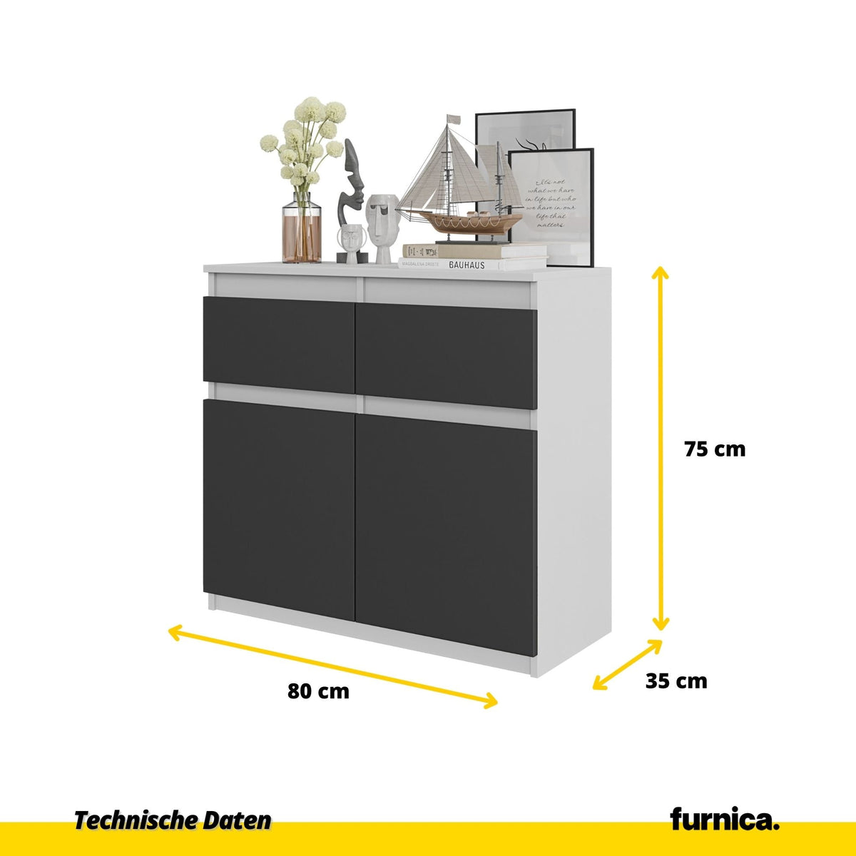EGBERT Dressoir 80 x 75 x 35 cm – Sideboard met 2 Deuren & 2 Laden, Mat Wit & Antracietgrijs, Opbergkast