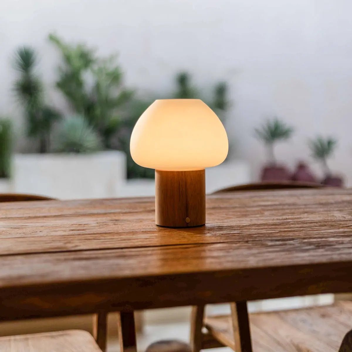 Fynn Lichtbruin Oplaadbare Tafellamp – Rubberhout & Matglas – Draadloos – Dimbaar – IP44