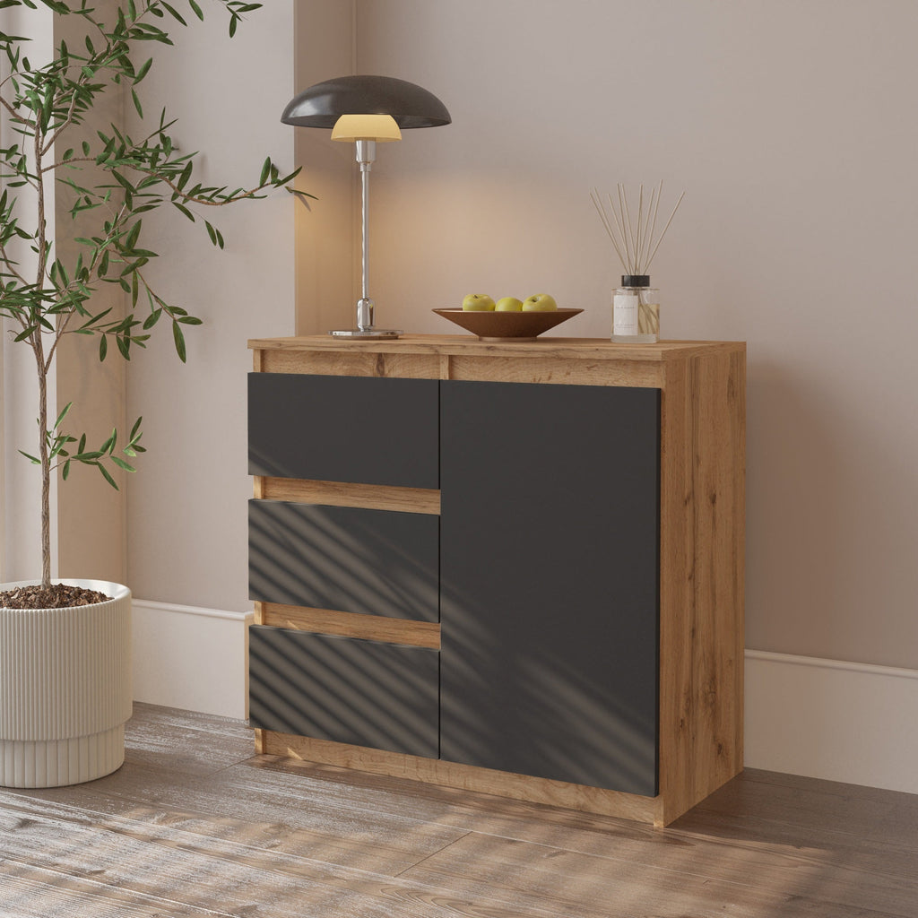 EVERT Dressoir 80 x 75 x 35 cm – Sideboard met 1 Deur & 3 Laden, Wotan Eiken & Antracietgrijs, Opbergkast