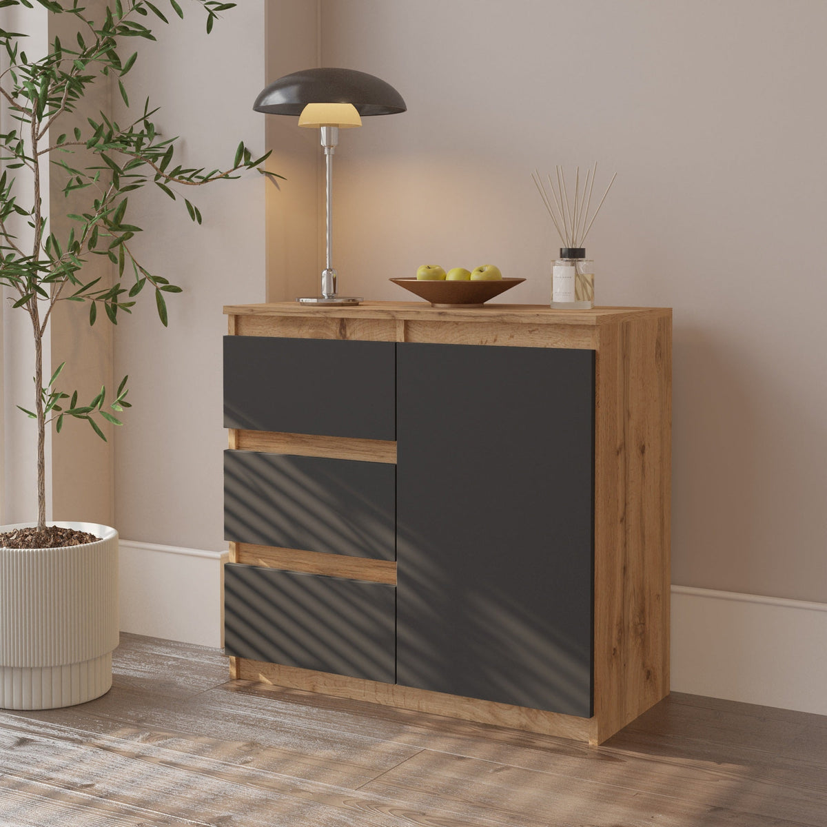 EVERT Dressoir 80 x 75 x 35 cm – Sideboard met 1 Deur & 3 Laden, Wotan Eiken & Antracietgrijs, Opbergkast