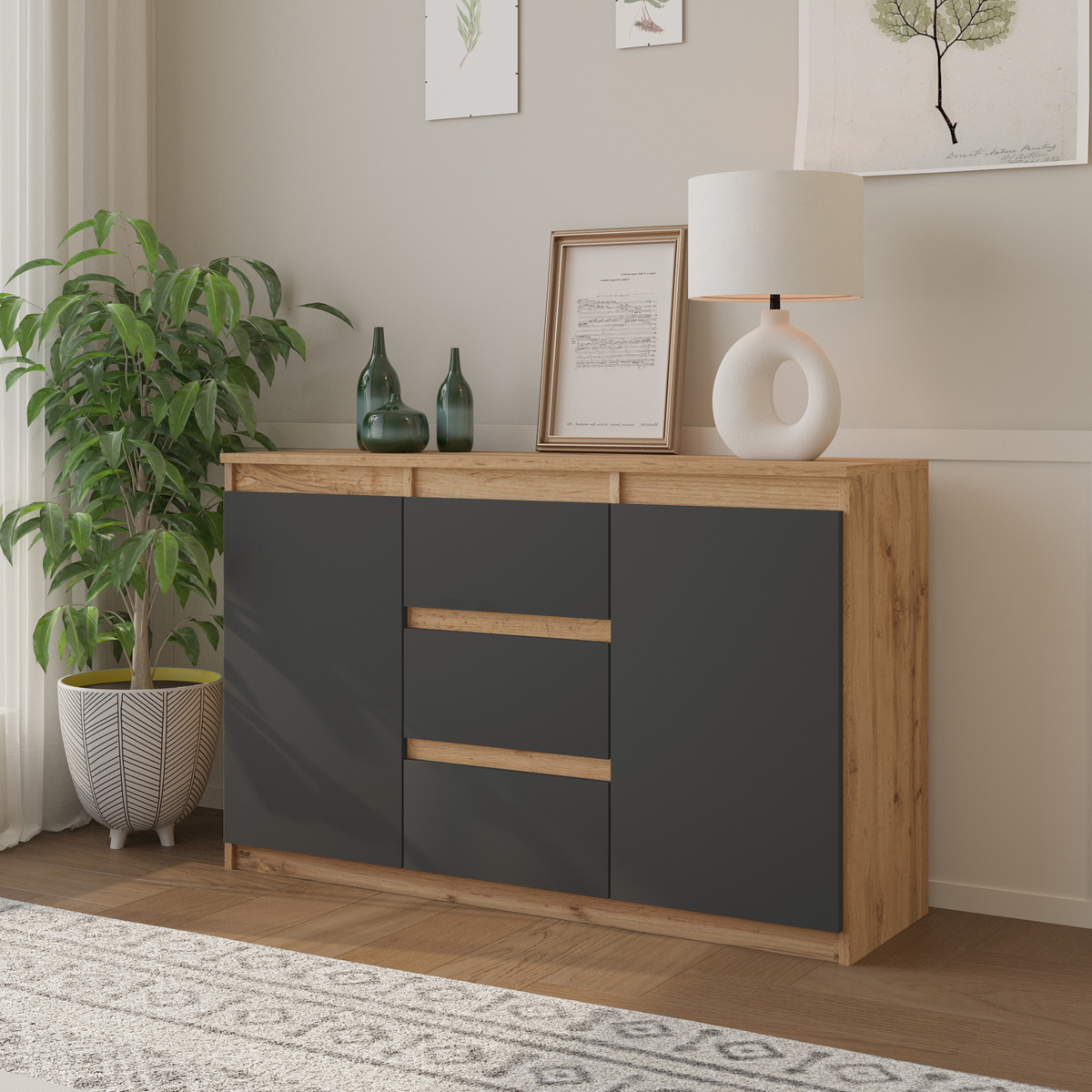 EVERT Dressoir 120 x 75 x 35 cm – Sideboard met 2 Deuren & 3 Laden, Wotan Eiken & Antracietgrijs, Opbergkast