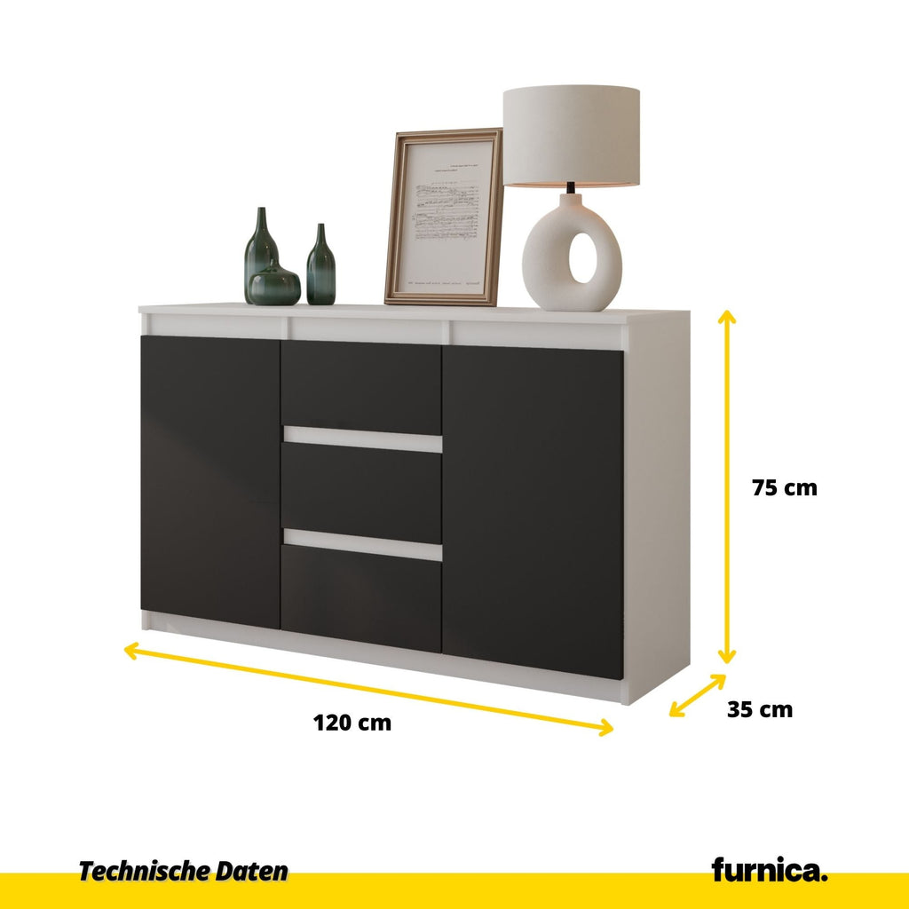 VIGGO Dressoir 120 x 75 x 35 cm – Sideboard met 2 Deuren & 3 Laden, Mat Wit & Antracietgrijs, Opbergkast