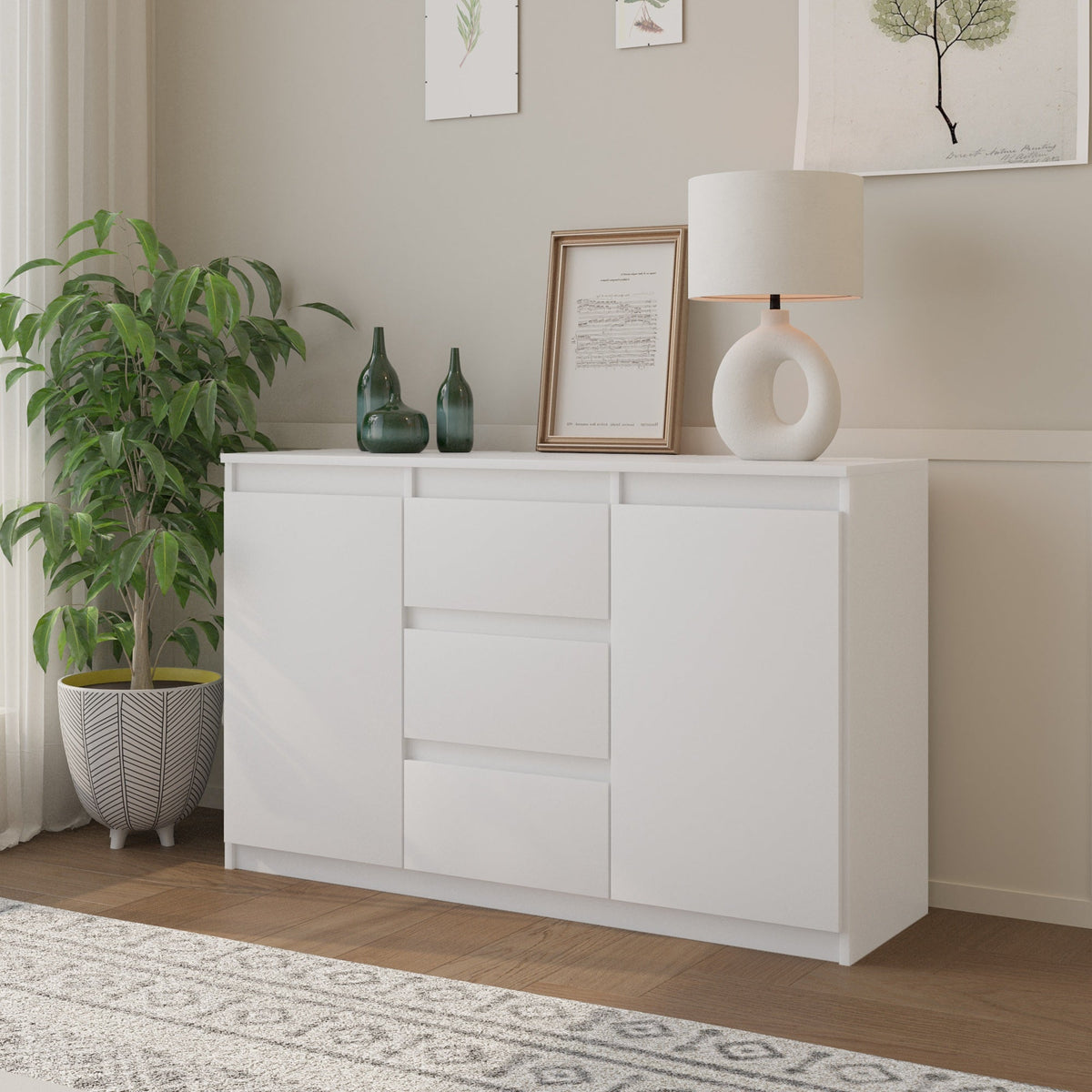 WALDO Dressoir 120 x 75 x 35 cm – Sideboard met 2 Deuren & 3 Laden, Mat Wit, Opbergkast