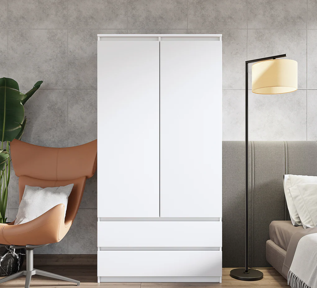 MARIUS Kledingkast 90 x 180 x 50 cm – 2 Deuren & 2 Lades, Mat Wit, Ruime Garderobekast