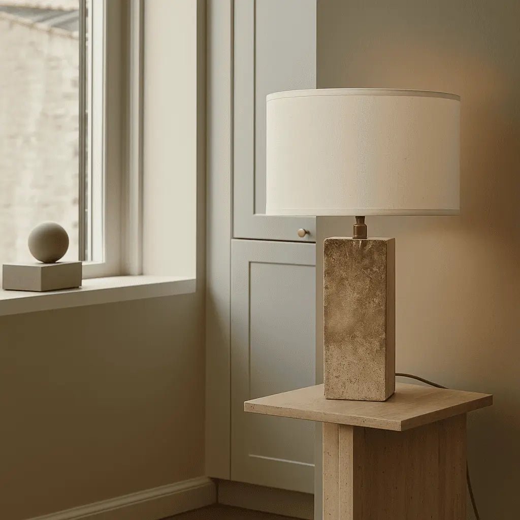 Rosie Tafellamp – Travertijn & Katoen – Beige/Wit – Moderne Design Lamp