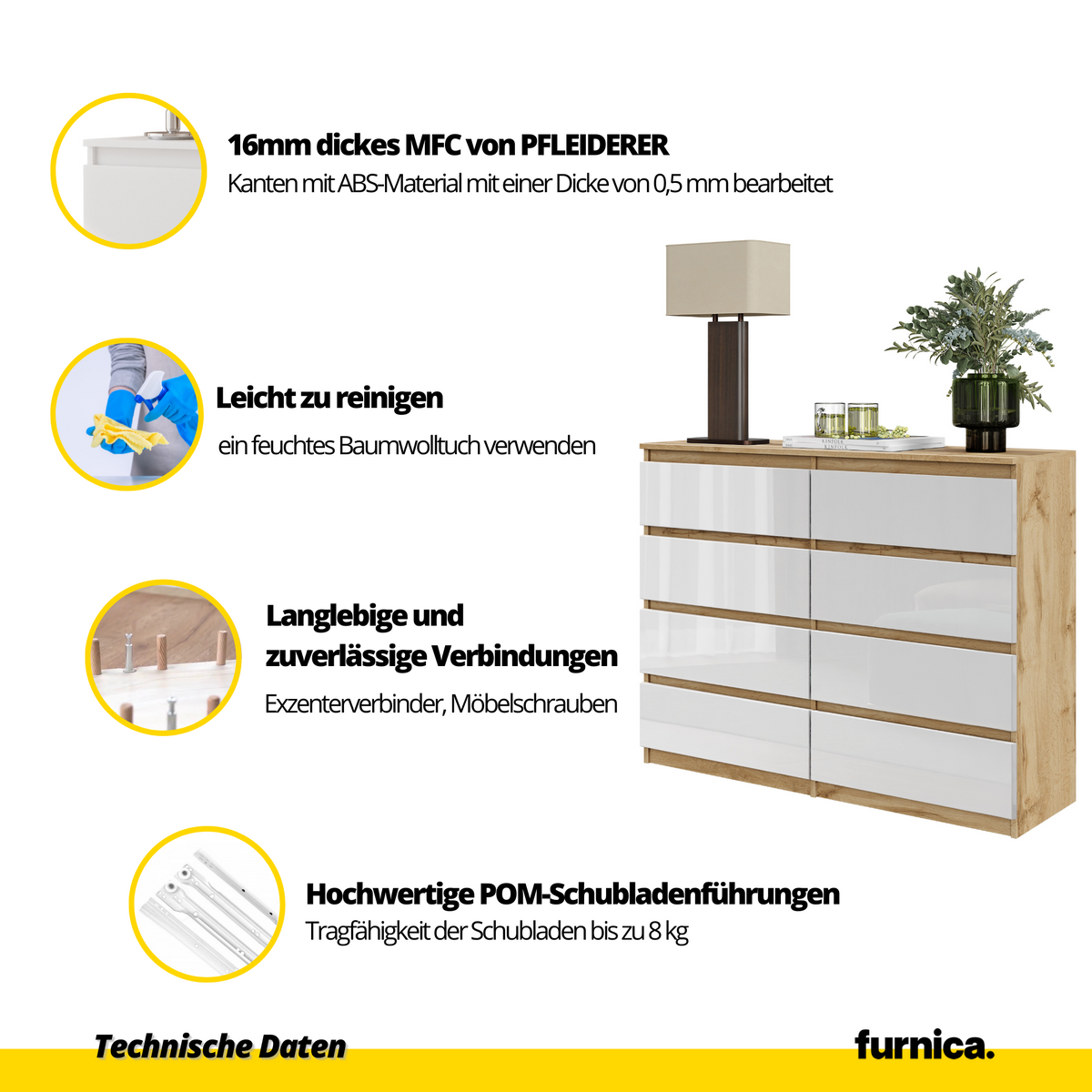 NATHAN Dressoir / Sideboard met 8 Laden – Wotan Eiken / Wit Hoogglans, MFC, H92 × B120 × D33 cm