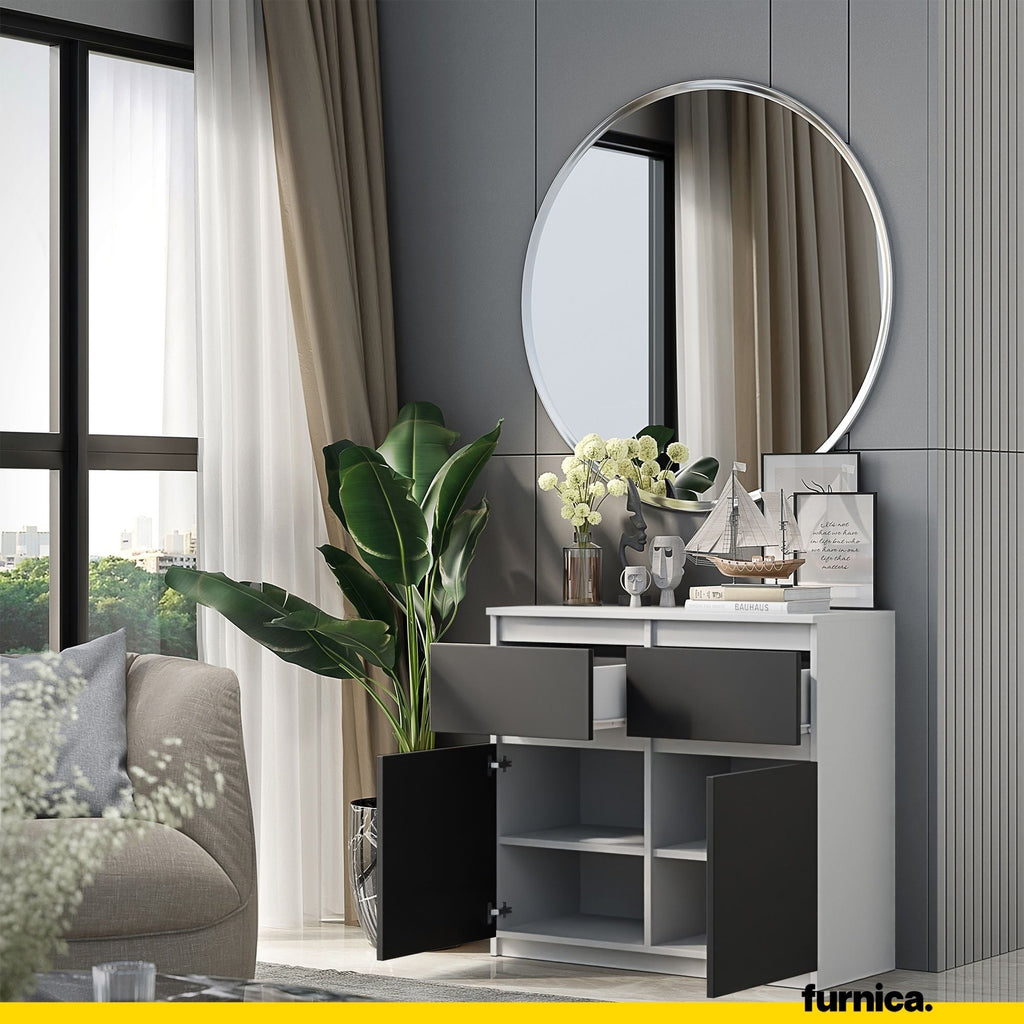 EGBERT Dressoir 80 x 75 x 35 cm – Sideboard met 2 Deuren & 2 Laden, Mat Wit & Antracietgrijs, Opbergkast