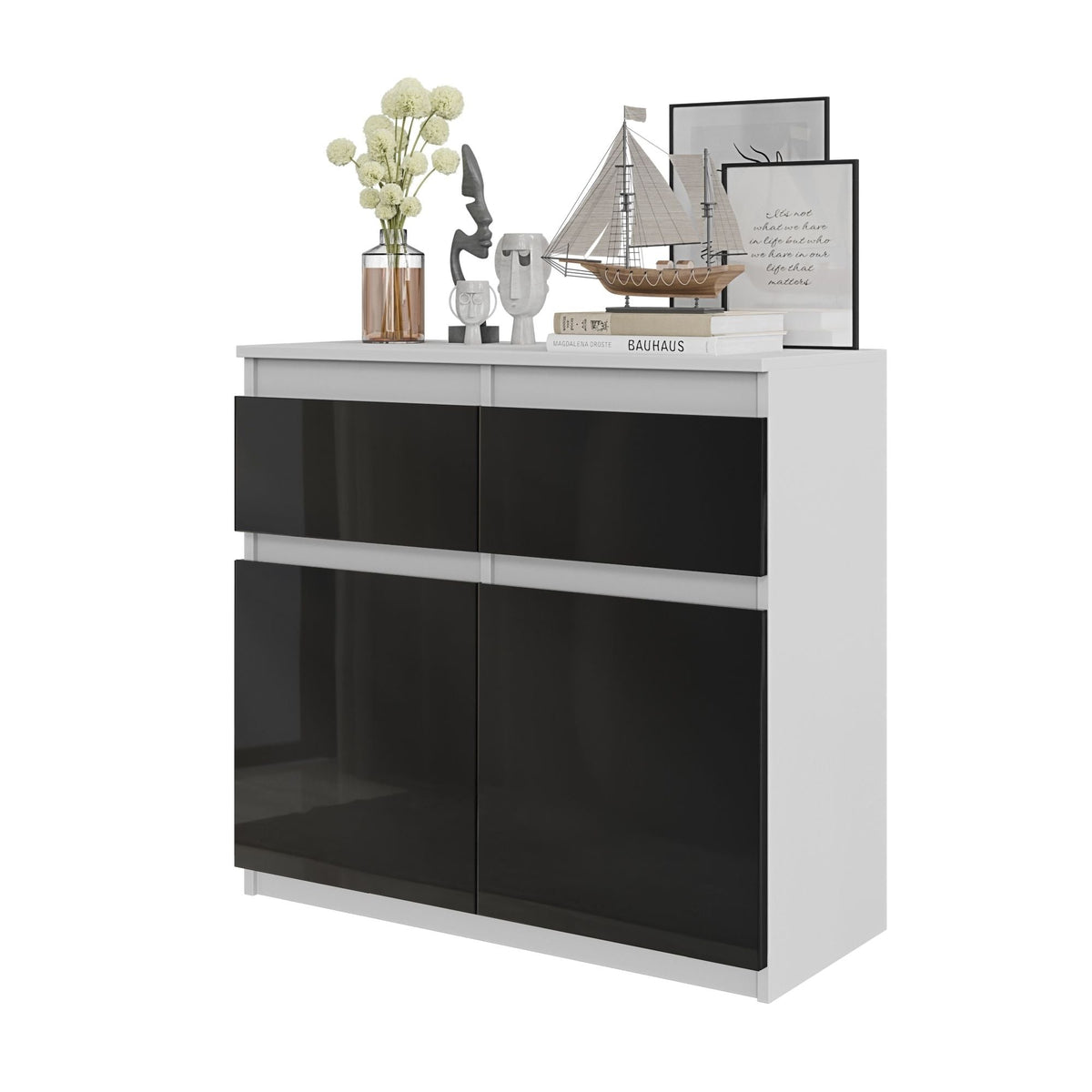 EGBERT Dressoir 80 x 75 x 35 cm – Sideboard met 2 Deuren & 2 Laden, Mat Wit & Hoogglans Zwart, Opbergkast