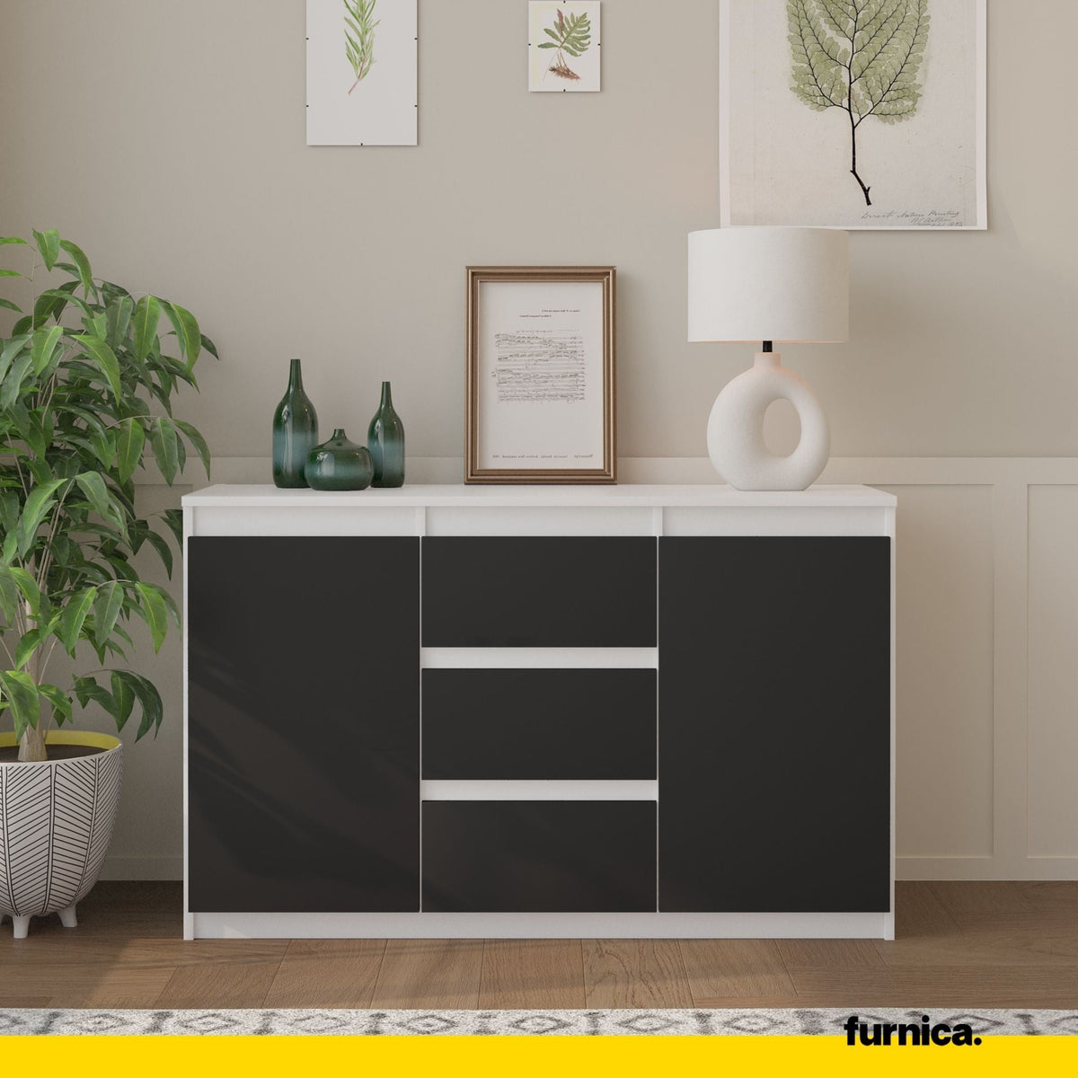 VIGGO Dressoir 120 x 75 x 35 cm – Sideboard met 2 Deuren & 3 Laden, Mat Wit & Antracietgrijs, Opbergkast