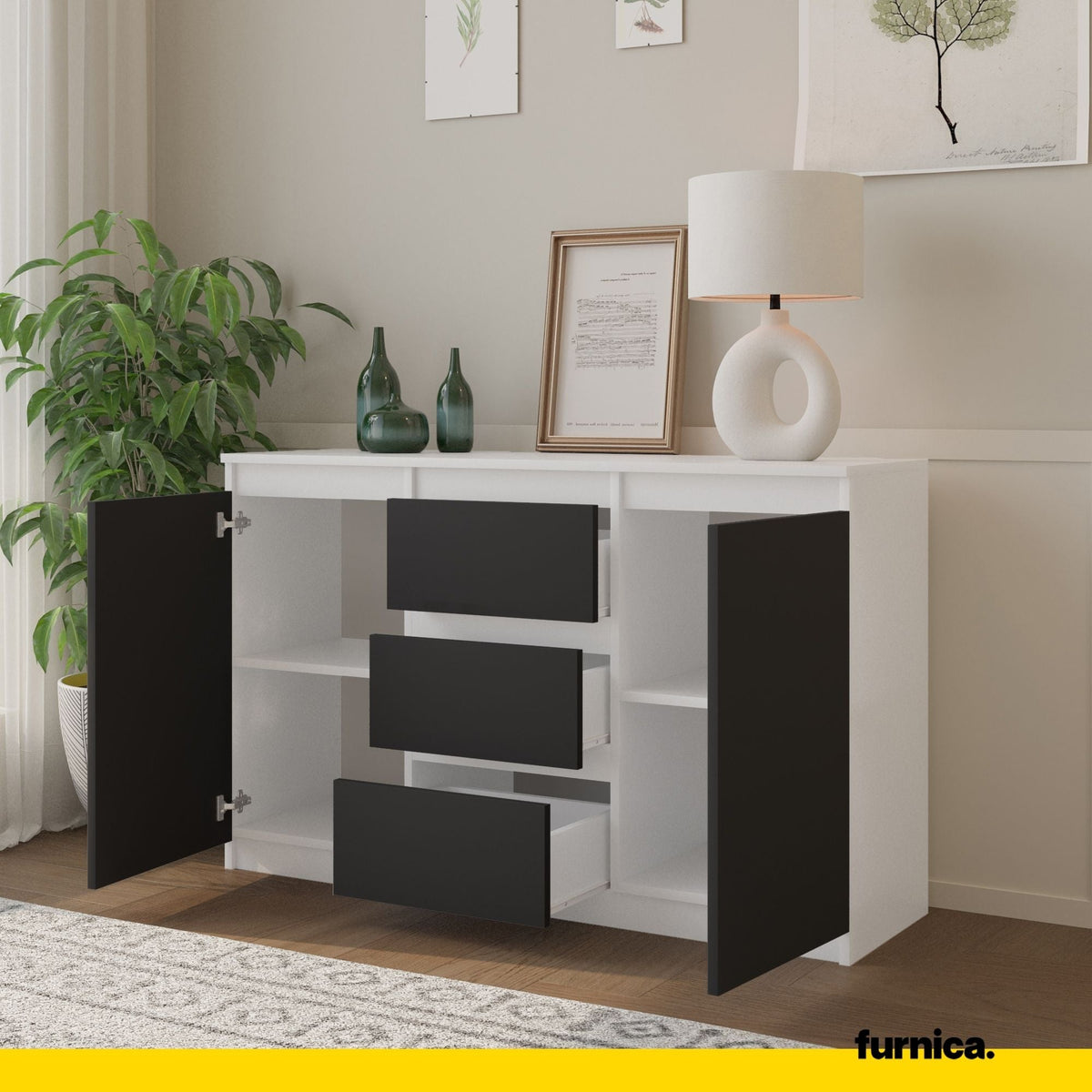 VIGGO Dressoir 120 x 75 x 35 cm – Sideboard met 2 Deuren & 3 Laden, Mat Wit & Antracietgrijs, Opbergkast