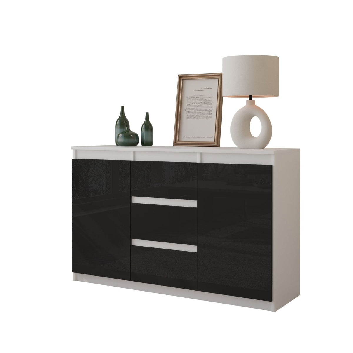 VIGGO Dressoir 120 x 75 x 35 cm – 2 Deuren en 3 Laden, Mat Wit & Hoogglans Zwart
