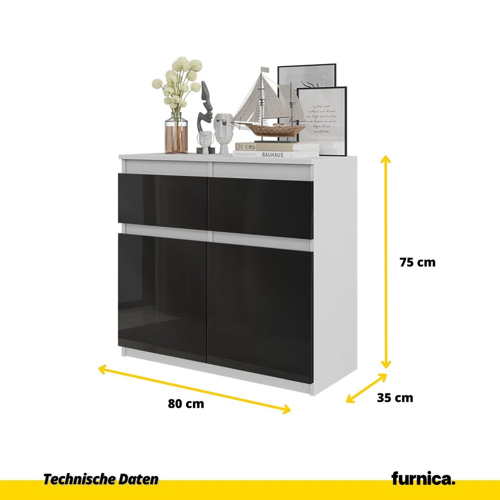 EGBERT Dressoir 80 x 75 x 35 cm – Sideboard met 2 Deuren & 2 Laden, Mat Wit & Hoogglans Zwart, Opbergkast
