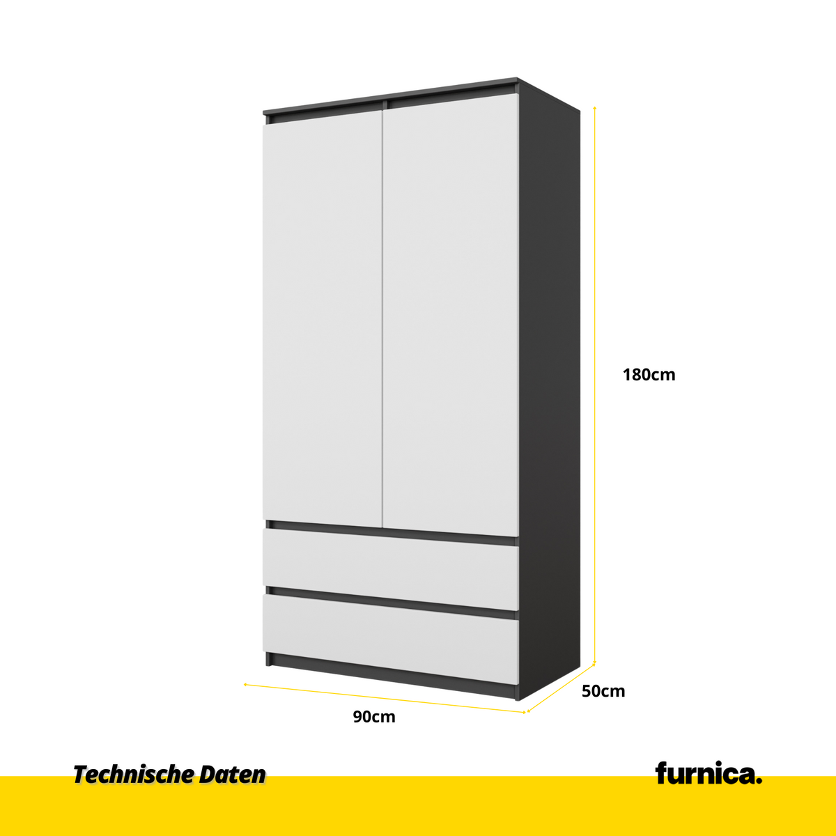 LAURENS Kledingkast 90 x 180 x 50 cm – 2 Deuren & 2 Lades, Antracietgrijs & Mat Wit