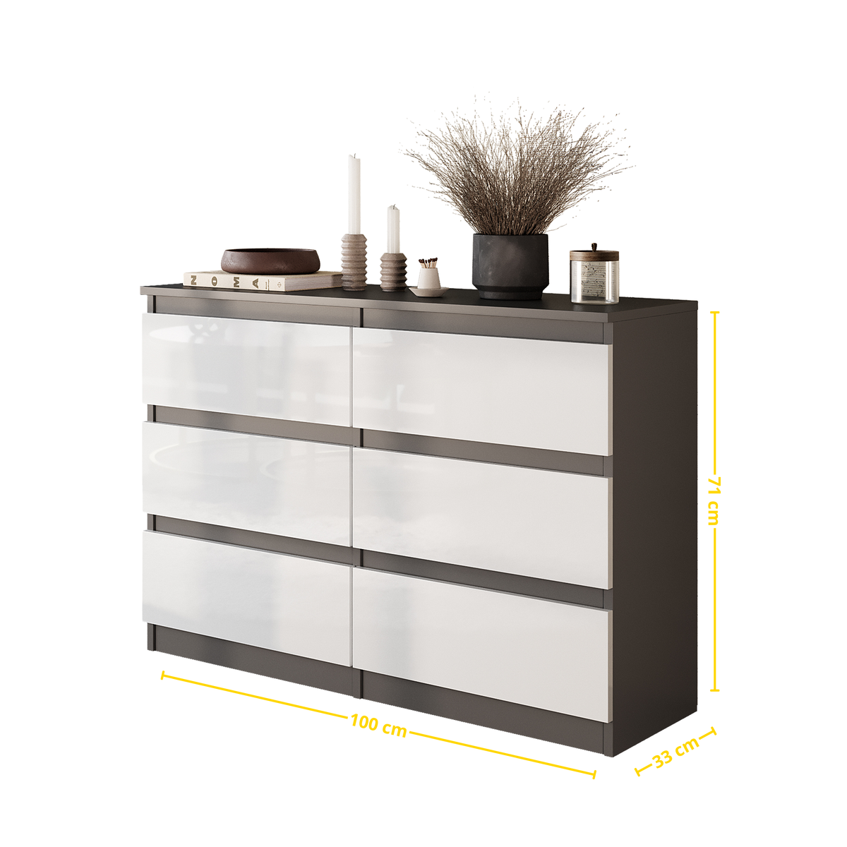 LEON Dressoir / Sideboard met 6 Laden – Antraciet/Wit Hoogglans, MFC, H71 × B100 × D33 cm