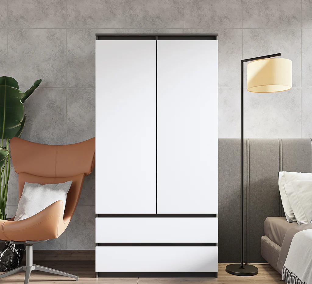 LAURENS Kledingkast 90 x 180 x 50 cm – 2 Deuren & 2 Lades, Antracietgrijs & Mat Wit