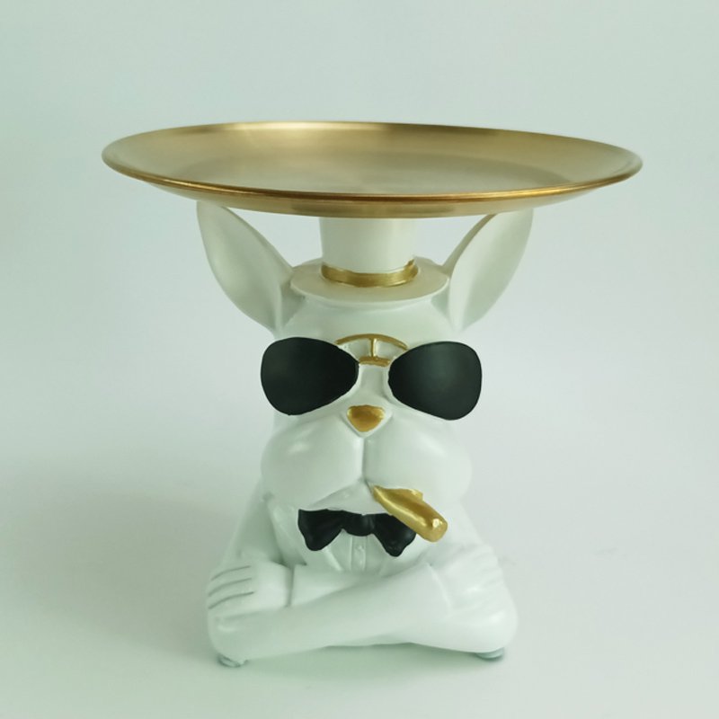 Hond met Dienblad Decoratie – Polyresin Opbergbeeld