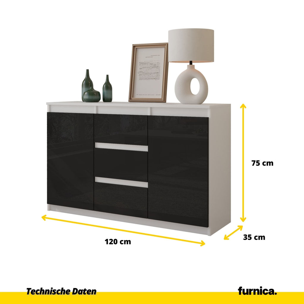 VIGGO Dressoir 120 x 75 x 35 cm – 2 Deuren en 3 Laden, Mat Wit & Hoogglans Zwart