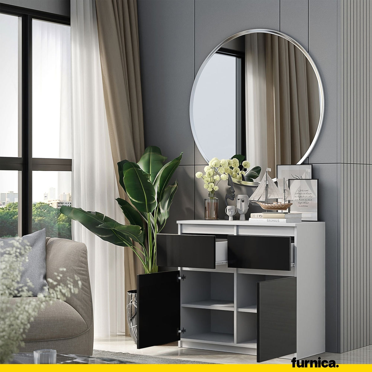 EGBERT Dressoir 80 x 75 x 35 cm – Sideboard met 2 Deuren & 2 Laden, Mat Wit & Hoogglans Zwart, Opbergkast
