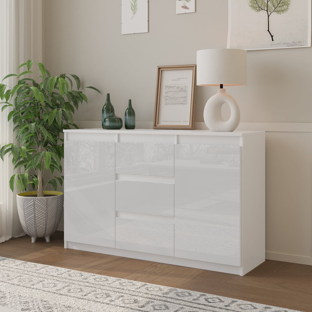 WALDO Dressoir 120 x 75 x 35 cm – Sideboard met 2 Deuren & 3 Laden, Mat Wit & Hoogglans Wit, Opbergkast