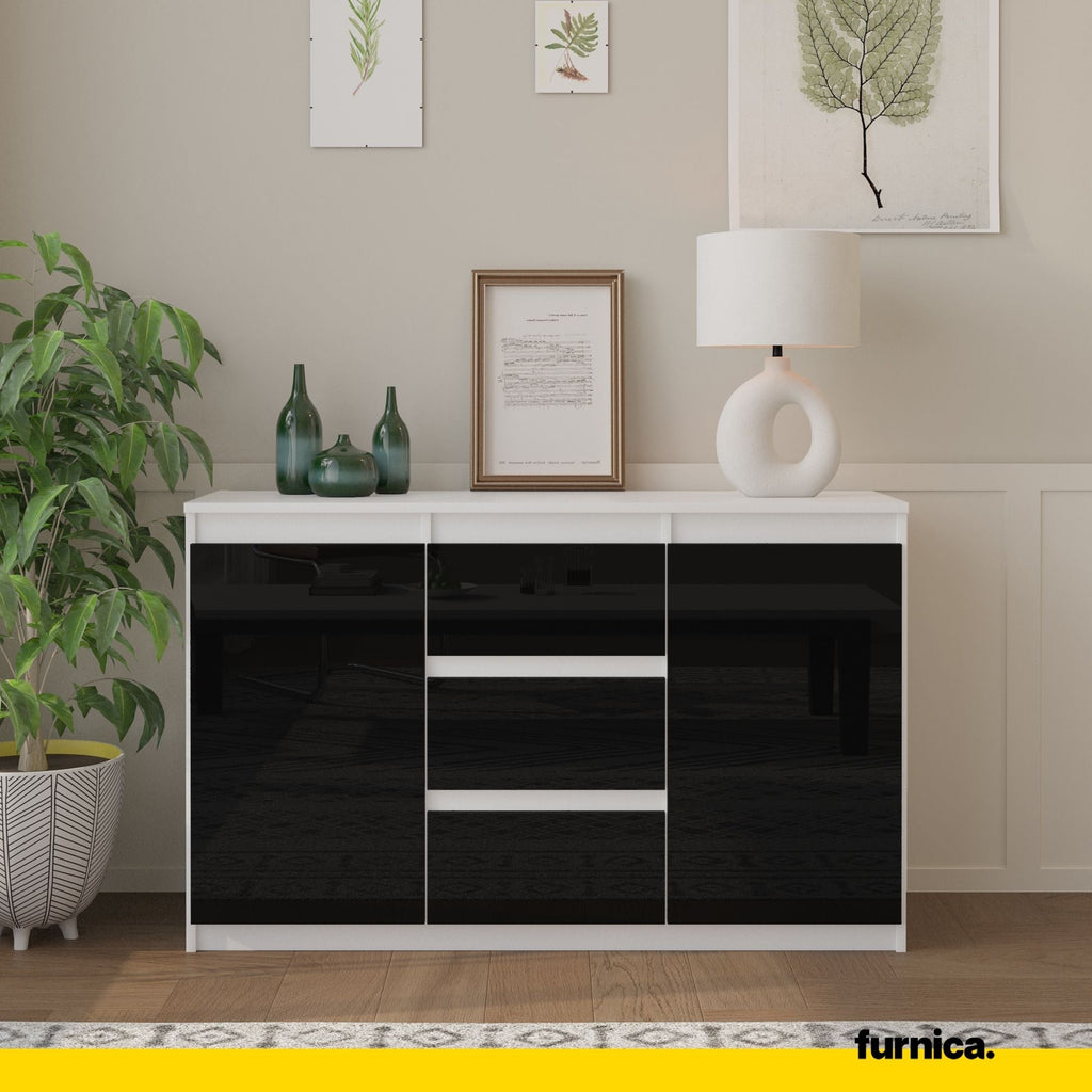VIGGO Dressoir 120 x 75 x 35 cm – 2 Deuren en 3 Laden, Mat Wit & Hoogglans Zwart
