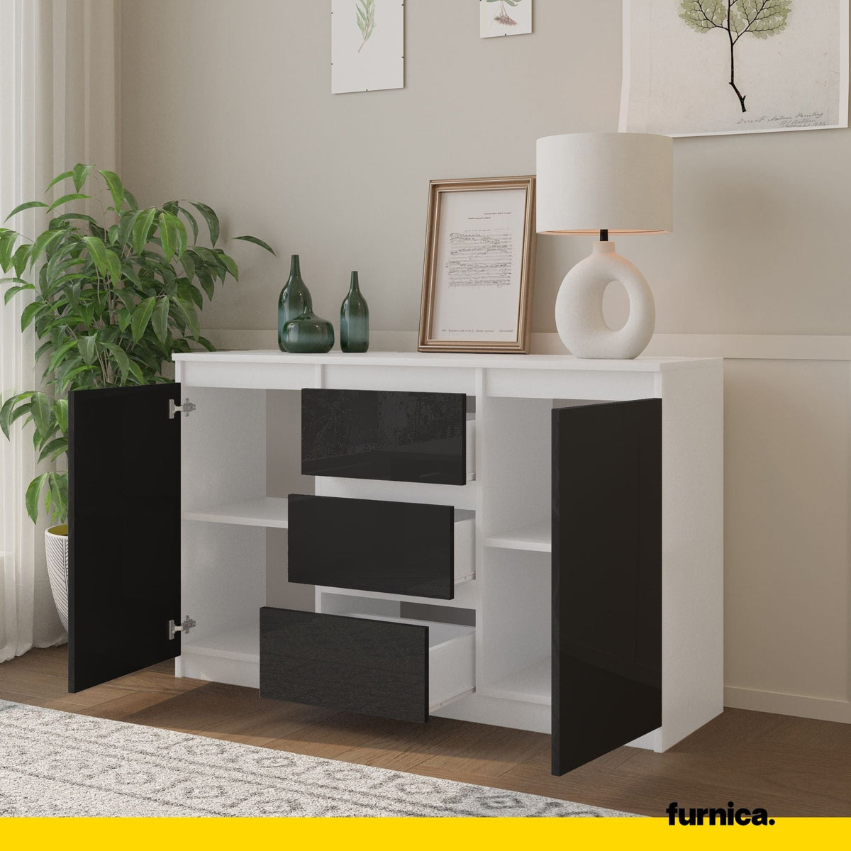 VIGGO Dressoir 120 x 75 x 35 cm – 2 Deuren en 3 Laden, Mat Wit & Hoogglans Zwart