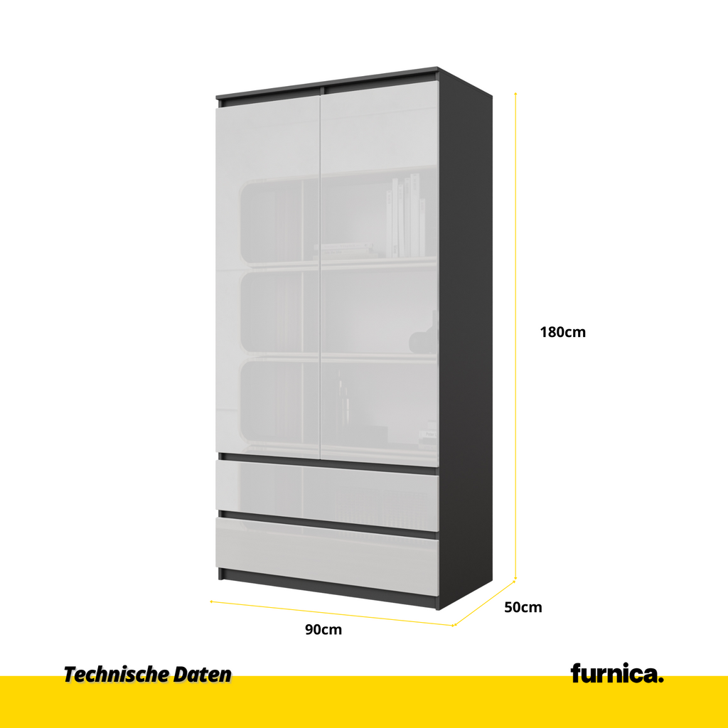 LAURENS Kledingkast 90 x 180 x 50 cm – 2 Deuren & 2 Lades, Antracietgrijs & Hoogglans Wit