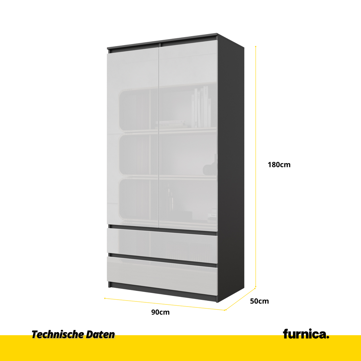 LAURENS Kledingkast 90 x 180 x 50 cm – 2 Deuren & 2 Lades, Antracietgrijs & Hoogglans Wit