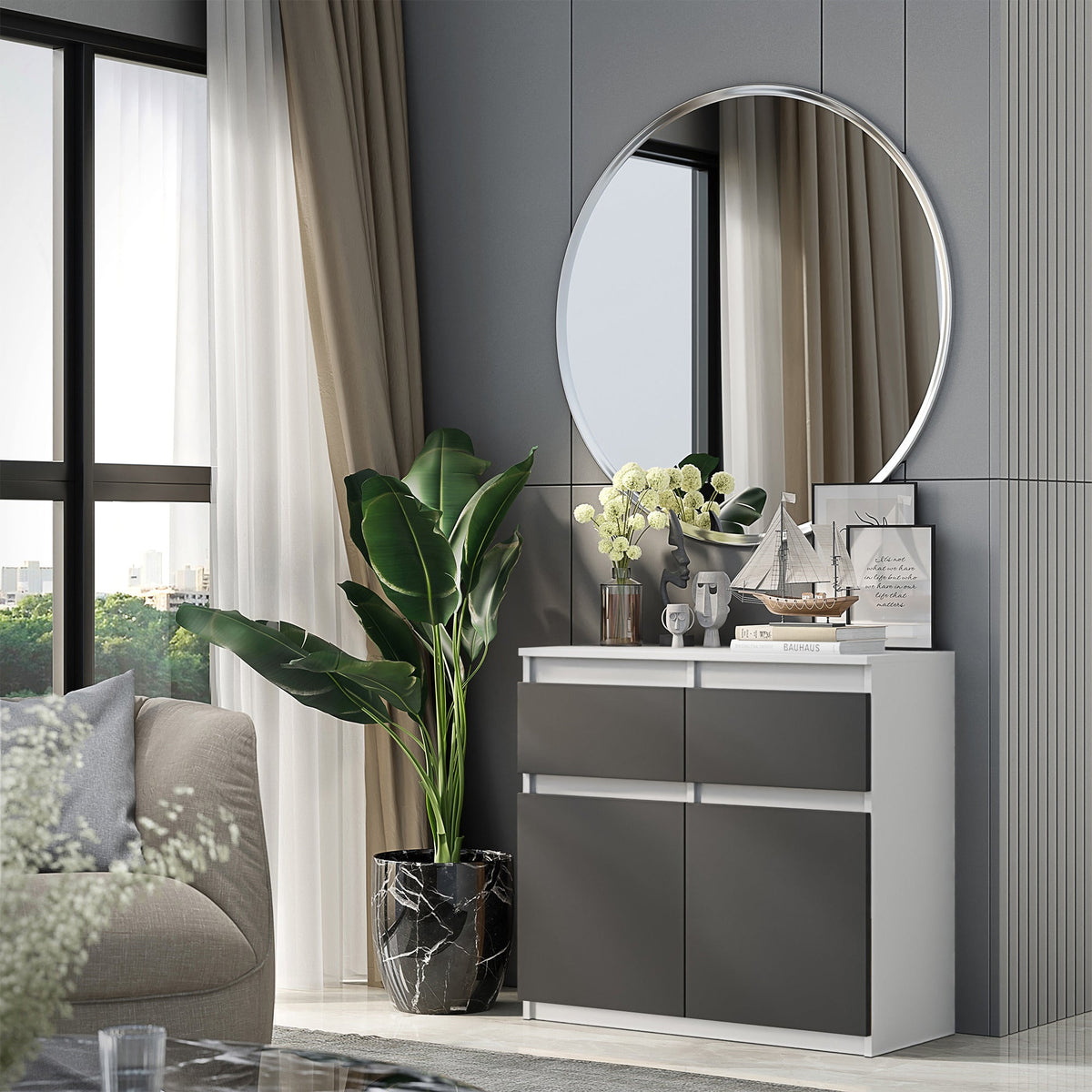 EGBERT Dressoir 80 x 75 x 35 cm – Sideboard met 2 Deuren & 2 Laden, Mat Wit & Antracietgrijs, Opbergkast