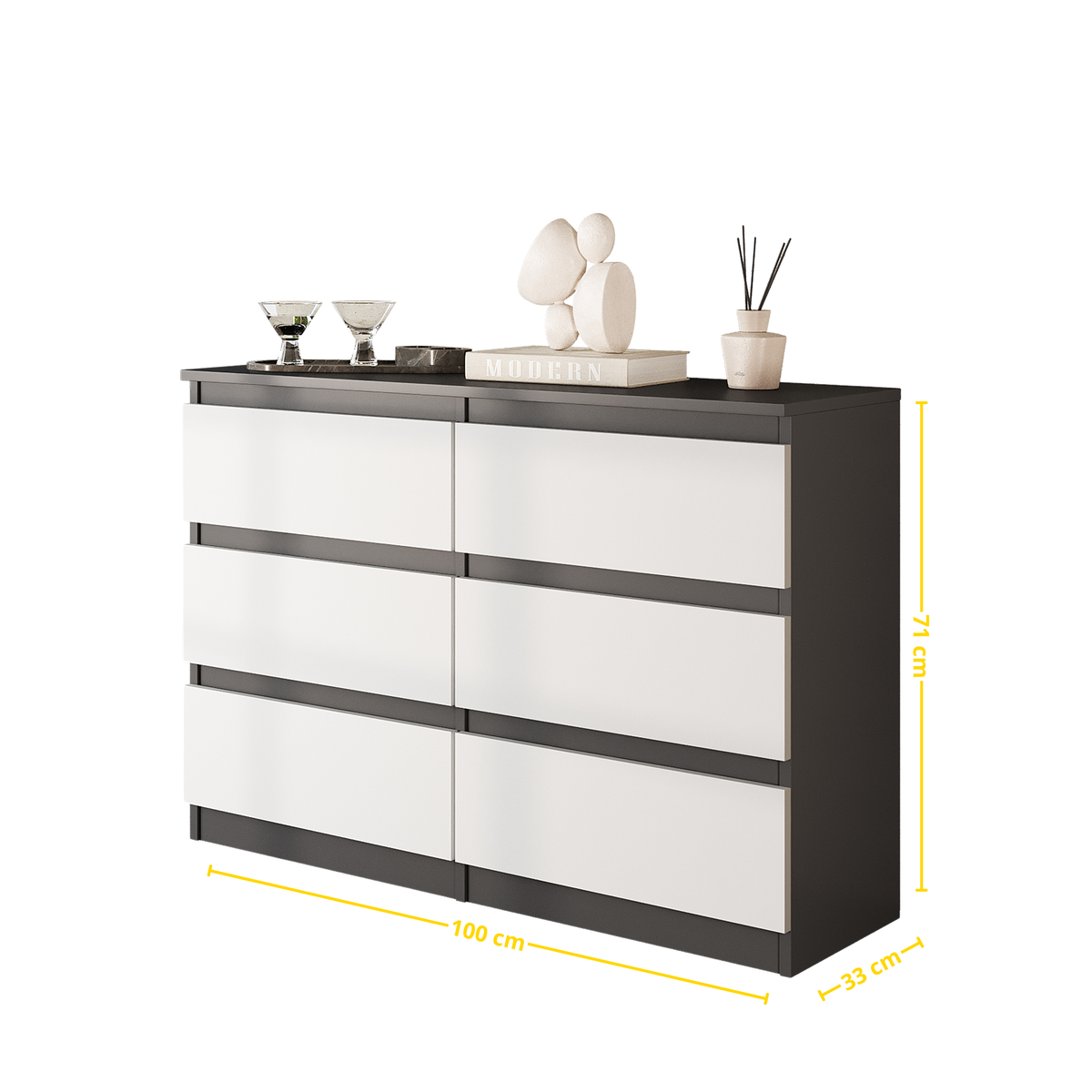 JOEL Dressoir / Sideboard met 6 Laden – Antraciet/Wit Mat, MFC, H71 × B100 × D33 cm