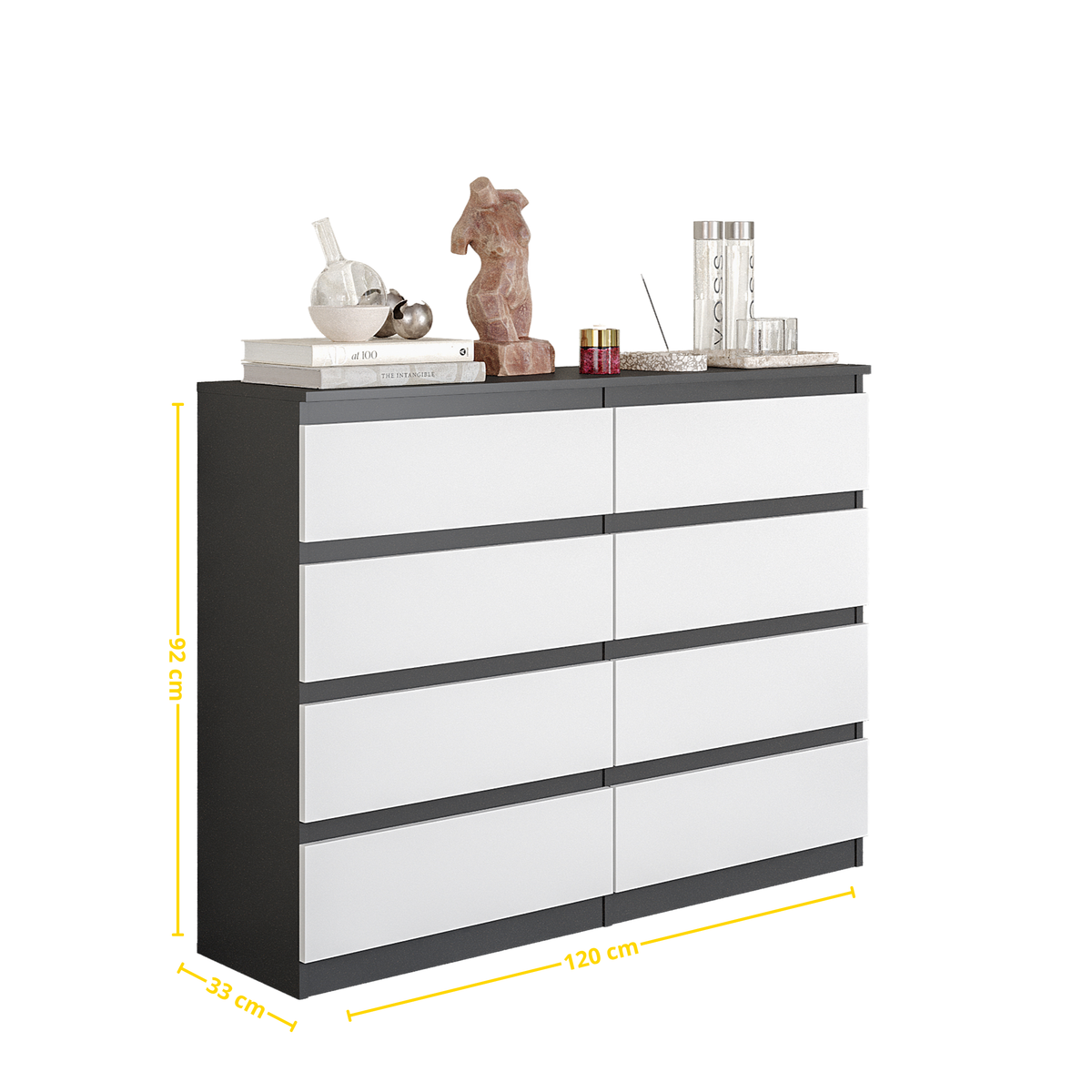 JOEL Dressoir / Sideboard met 8 Laden – Antraciet/Wit Mat, MFC, H92 × B120 × D33 cm