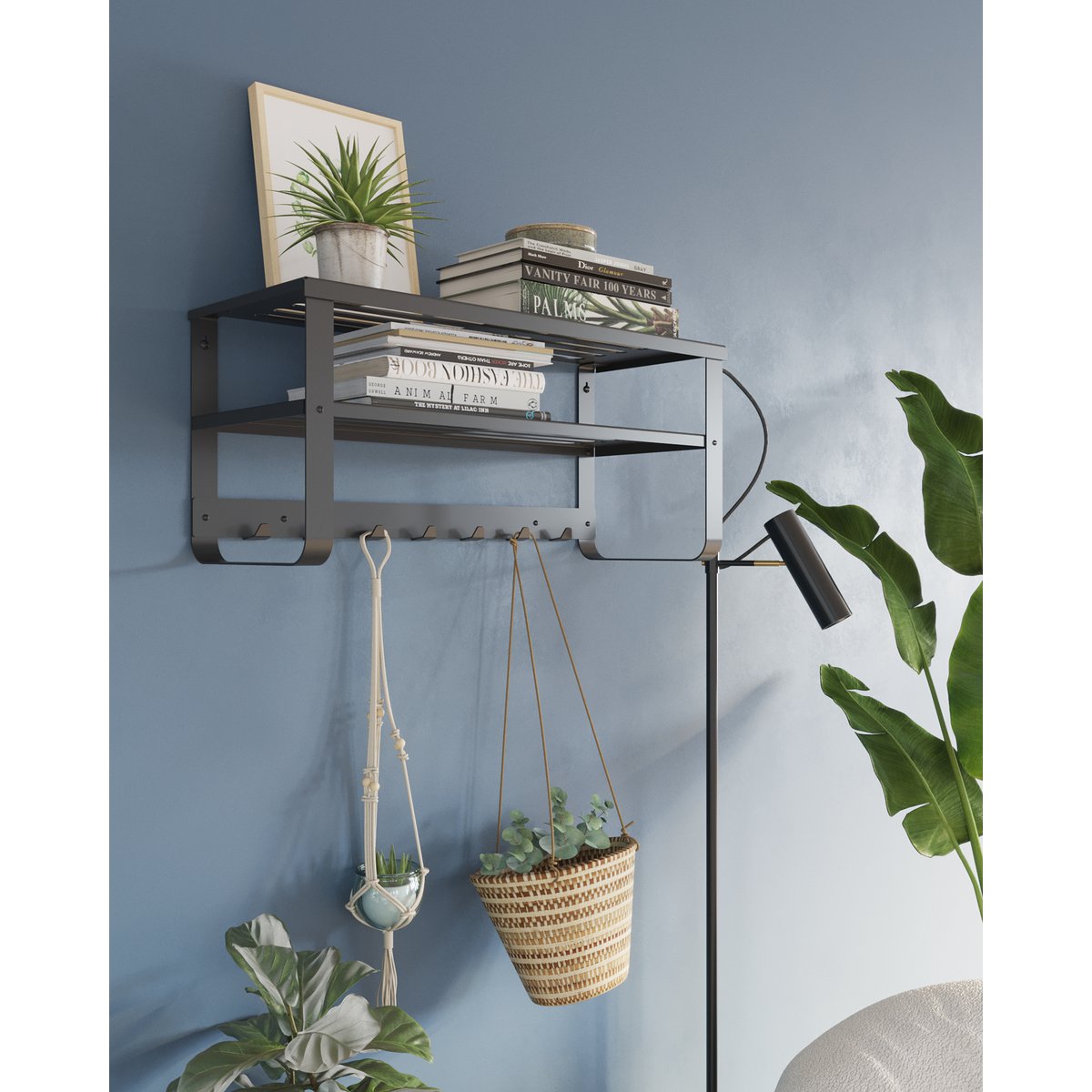 Unify Wandkapstok – Staal – Zwart/Wit – Wandkapstok met Hoedenplank en 7 Haken
