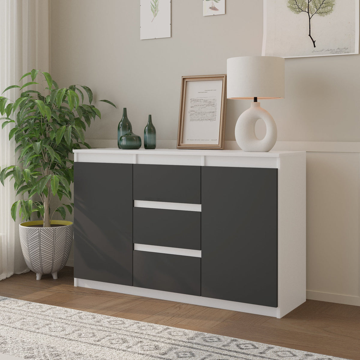VIGGO Dressoir 120 x 75 x 35 cm – Sideboard met 2 Deuren & 3 Laden, Mat Wit & Antracietgrijs, Opbergkast