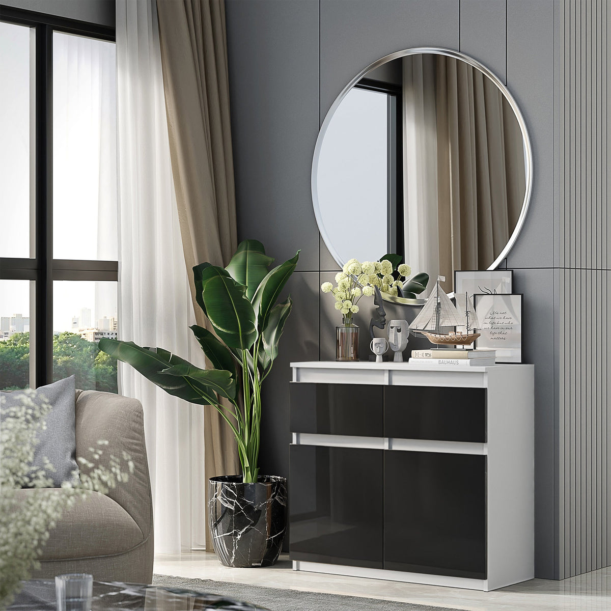 EGBERT Dressoir 80 x 75 x 35 cm – Sideboard met 2 Deuren & 2 Laden, Mat Wit & Hoogglans Zwart, Opbergkast