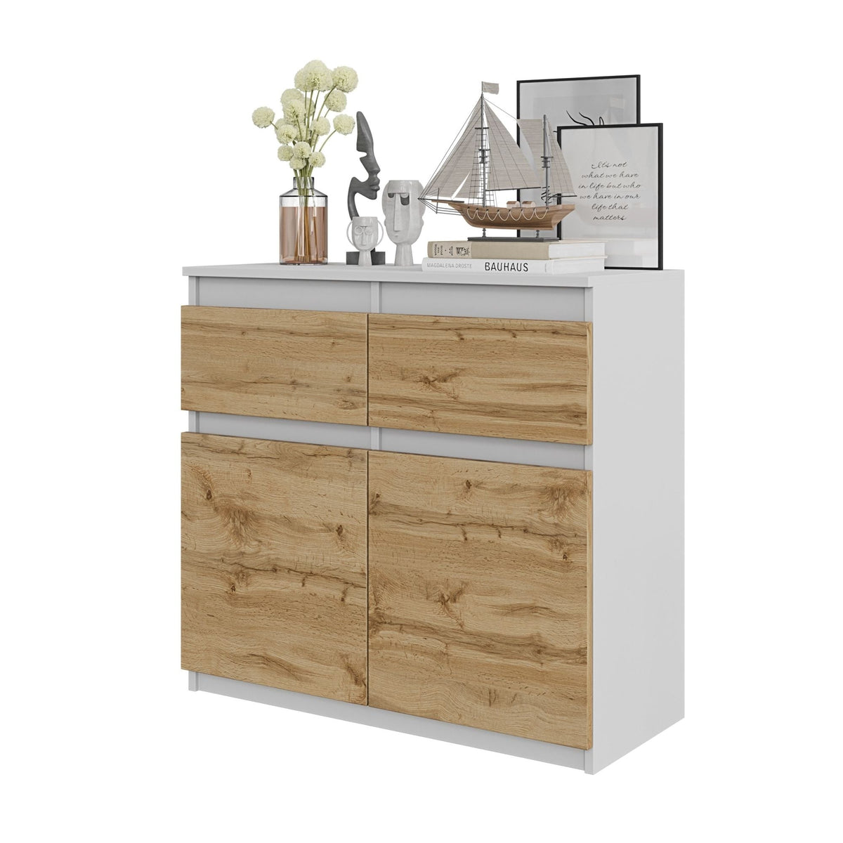 ZEGER – Kommode Dressoir met 2 Laden & 2 Deuren – Mat Wit / Wotan Eikenhoutlook – H75 x B80 x D35 cm