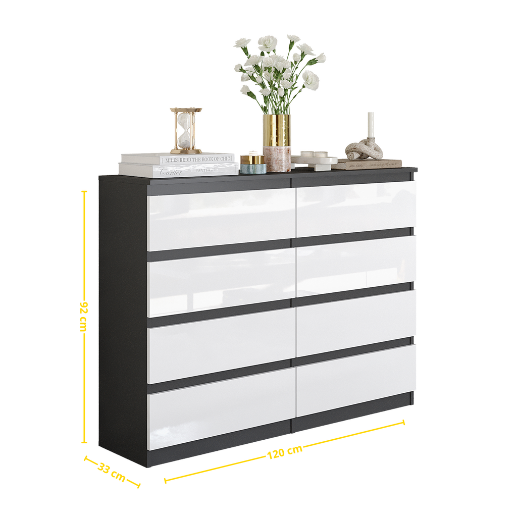 LEON Dressoir / Sideboard met 8 Laden – Antraciet/Wit Hoogglans, MFC, H92 × B120 × D33 cm