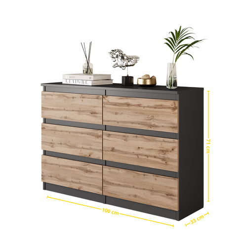 ARJEN Ladekast 100 x 71 x 33 cm – Dressoir met 6 Lades, Antraciet & Wotan Eiken, MFC Opbergkast