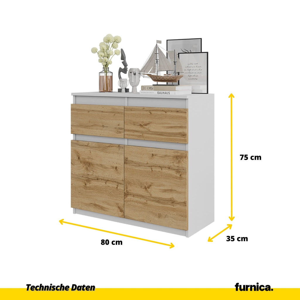 ZEGER – Kommode Dressoir met 2 Laden & 2 Deuren – Mat Wit / Wotan Eikenhoutlook – H75 x B80 x D35 cm