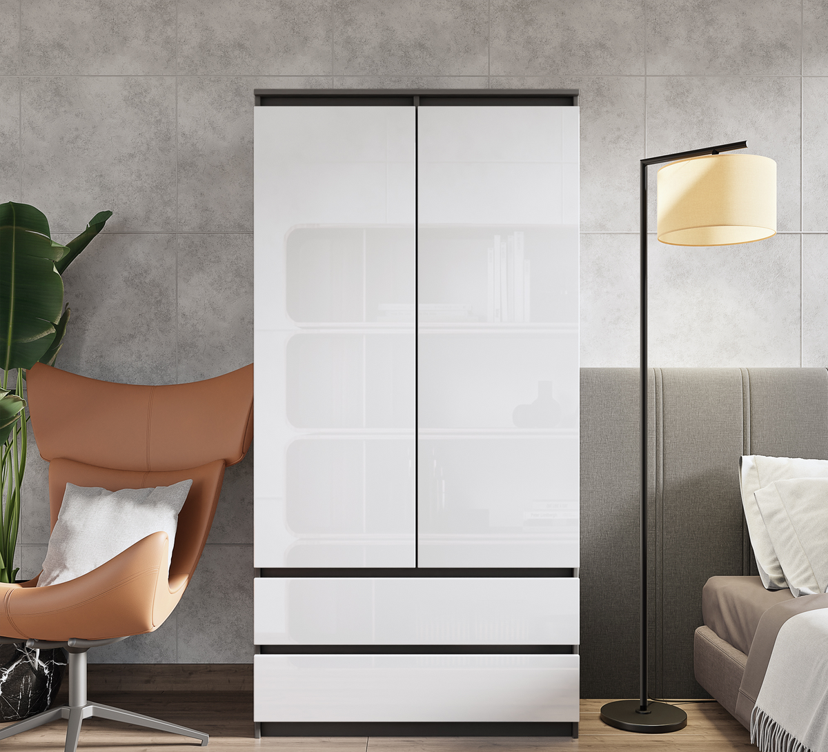 LAURENS Kledingkast 90 x 180 x 50 cm – 2 Deuren & 2 Lades, Antracietgrijs & Hoogglans Wit