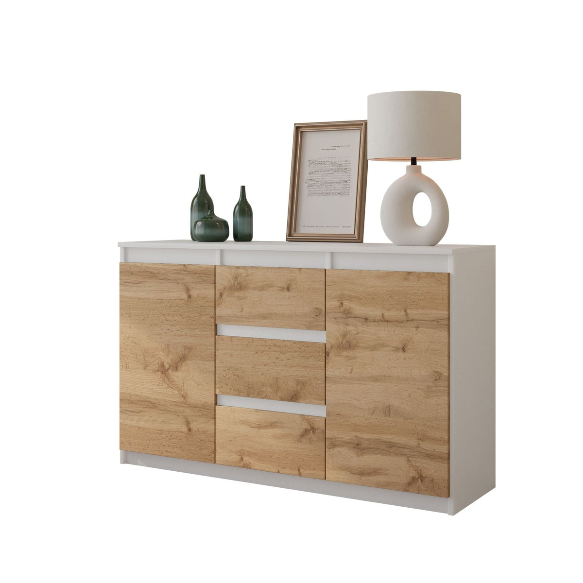 LUITZEN Dressoir 120 x 75 x 35 cm – Sideboard met 2 Deuren & 3 Laden, Mat Wit & Wotan Eiken, Opbergkast