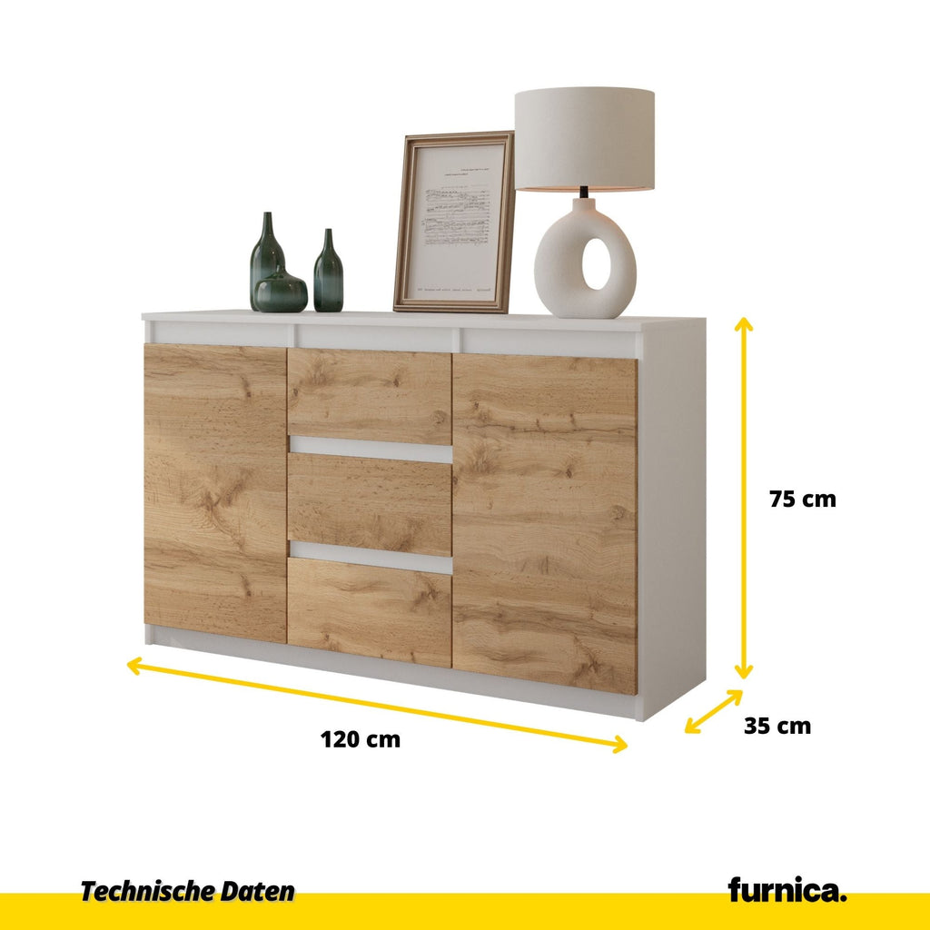 LUITZEN Dressoir 120 x 75 x 35 cm – Sideboard met 2 Deuren & 3 Laden, Mat Wit & Wotan Eiken, Opbergkast
