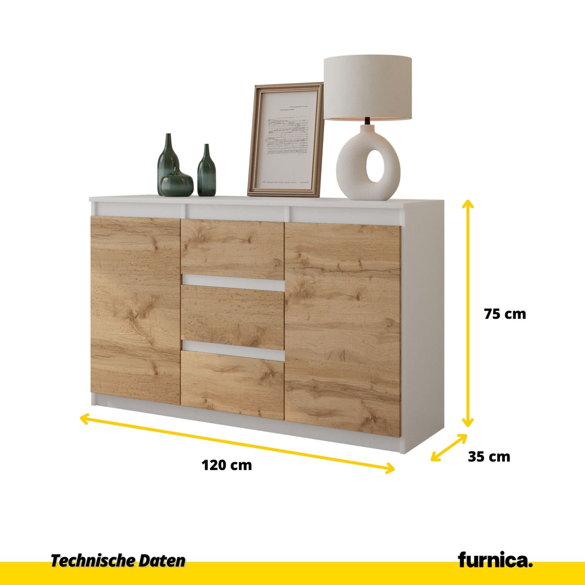 LUITZEN Dressoir 120 x 75 x 35 cm – Sideboard met 2 Deuren & 3 Laden, Mat Wit & Wotan Eiken, Opbergkast