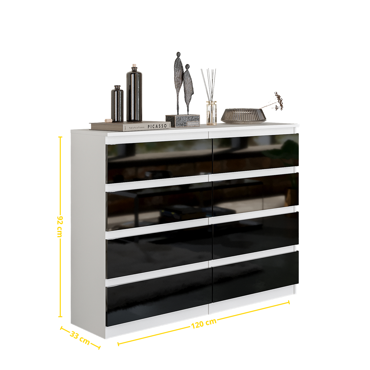 KESTER Ladekast 120 x 92 x 33 cm – Dressoir met 8 Lades, Mat Wit & Hoogglans Zwart, MFC