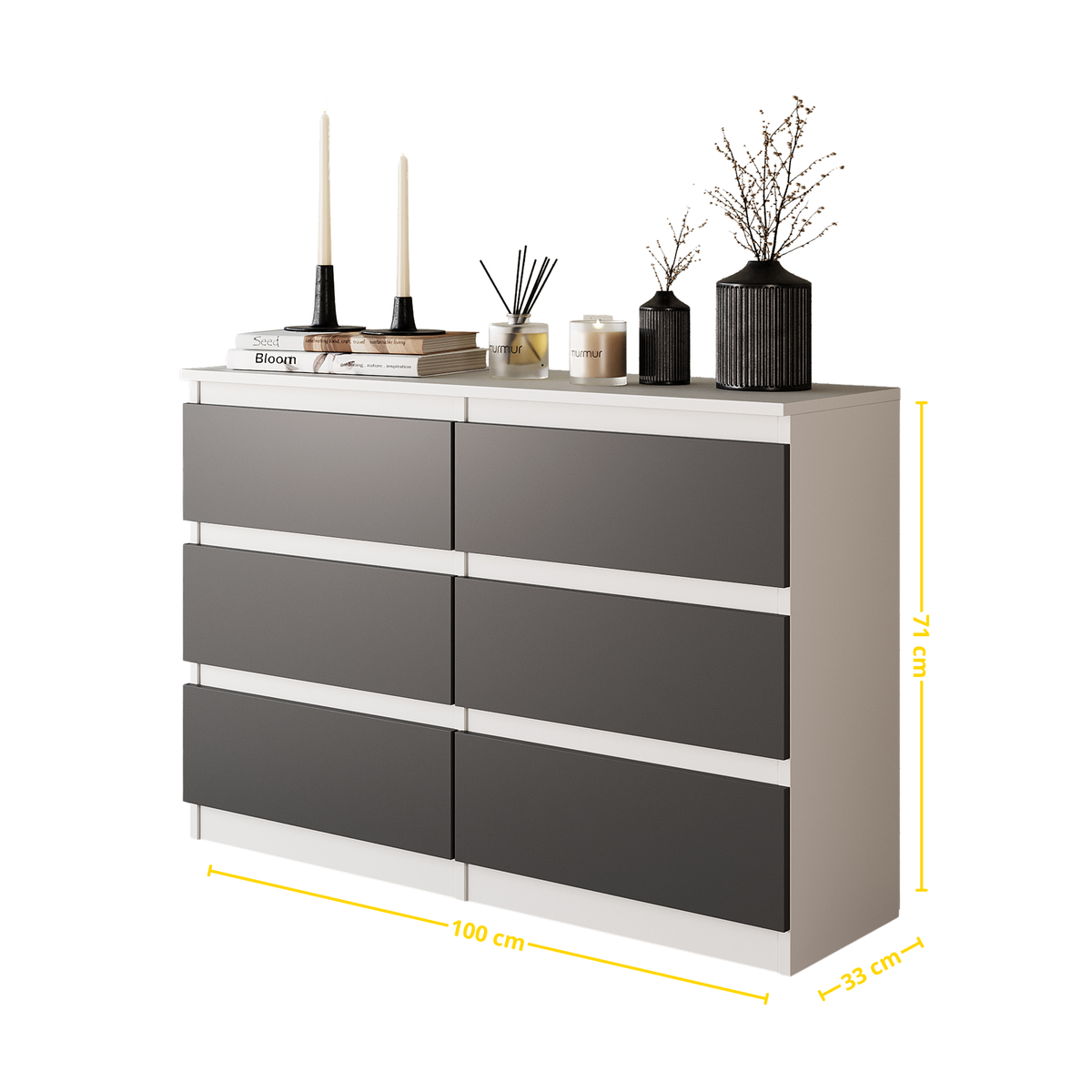 JASON Dressoir / Sideboard met 6 Laden – Wit Mat / Antraciet, MFC, H71 × B100 × D33 cm