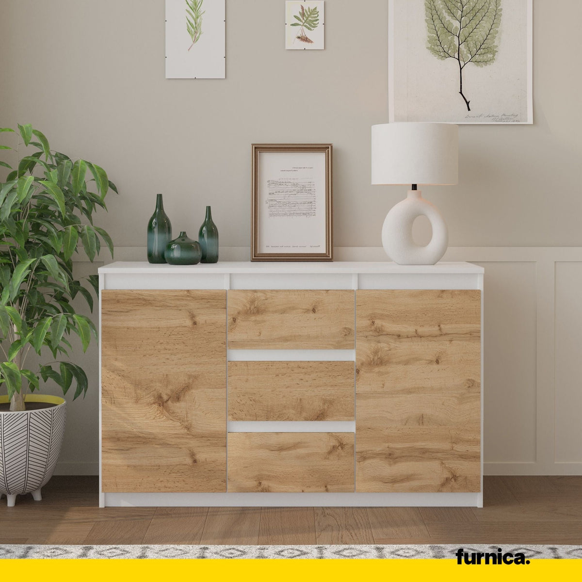 LUITZEN Dressoir 120 x 75 x 35 cm – Sideboard met 2 Deuren & 3 Laden, Mat Wit & Wotan Eiken, Opbergkast